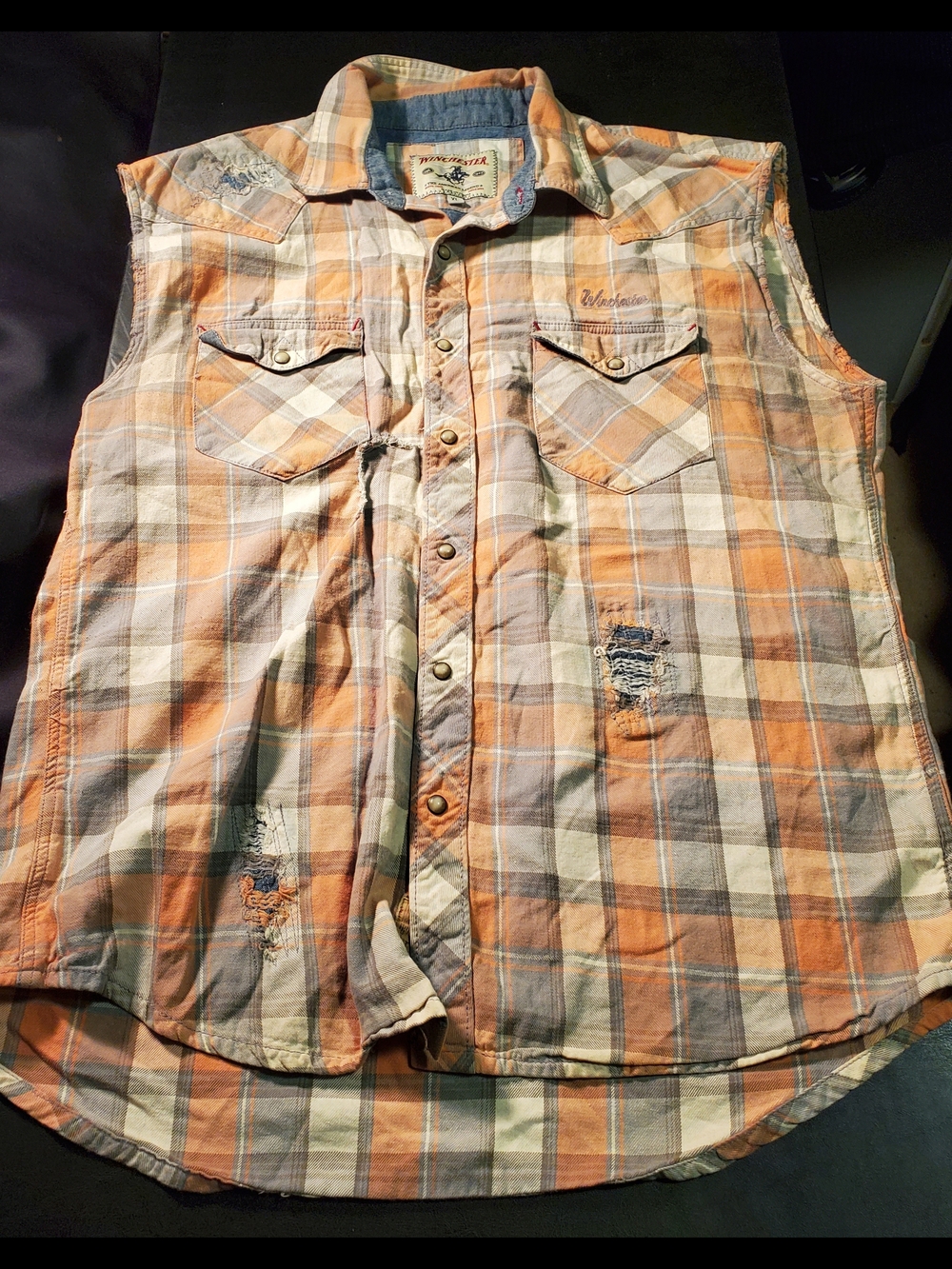 Men's Winchester Size Xl Sleeveless Plaid Button-Up Shirt - Orange & Cream